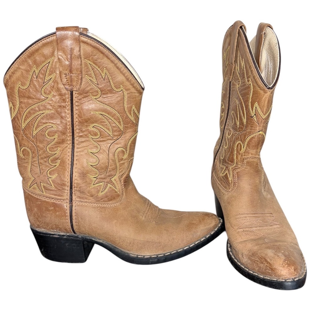 Old West Tan Leather Cowboy Boots Good Stitched Pointed Toe Kids Size 3Y